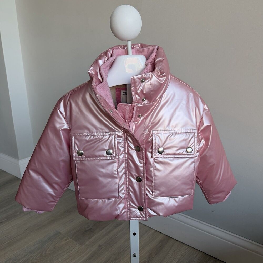 Crewcuts Metallic Pink Puffer Coat Jacket Girls XXS (2-3) Puffy Ski Winter Shiny